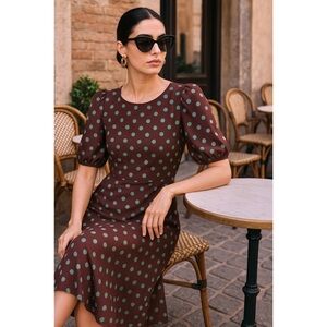 BOBEAU Maroon Polka Dot Pretty‎ Woman Puff Short Sleeve Ruffle Hem Midi Dress S